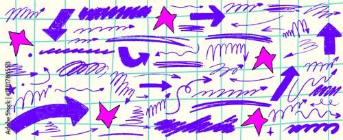 Crayon arrow collection with rough texture and y2k vibe. Fun y2k scrapbook-inspired arrows that add bold color to any scrapbook design.