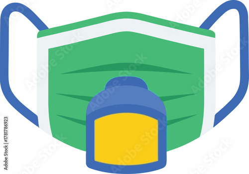 Green surgical mask with blue straps and yellow valve icon vector