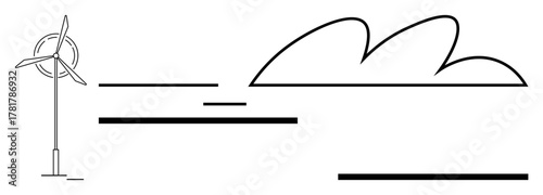 Wind turbine beside abstract cloud and horizontal lines, evoking energy, sustainability, and nature. Ideal for climate action, renewable resources, clean energy, environmental awareness, eco-friendly