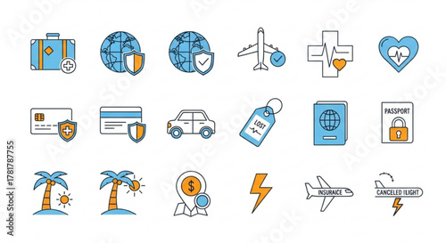 Illustration of travel insurance icons including baggage globe airplane and healthcare symbols