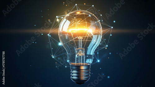 Glowing light bulb with digital network connections and bright filament image