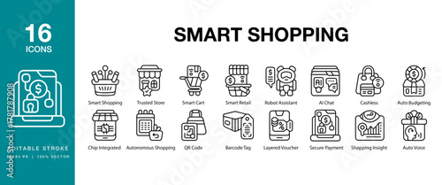 Smart Shopping icon set. Includes smart, shopping, ecommerce, online, retail and More. Editable Stroke Icon Collection.