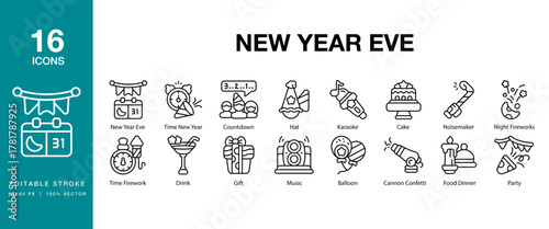 New Year Eve icon set. Includes newyear, nye, eve, countdown, midnight and More. Editable Stroke Icon Collection.