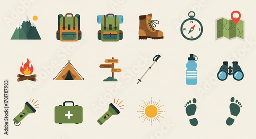 Illustration of camping and hiking equipment including backpacks, compass, and hiking boots and footprints