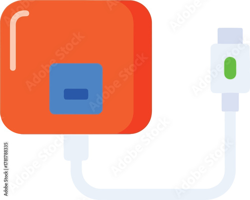 Compact orange portable power bank charging device with usb cable vector