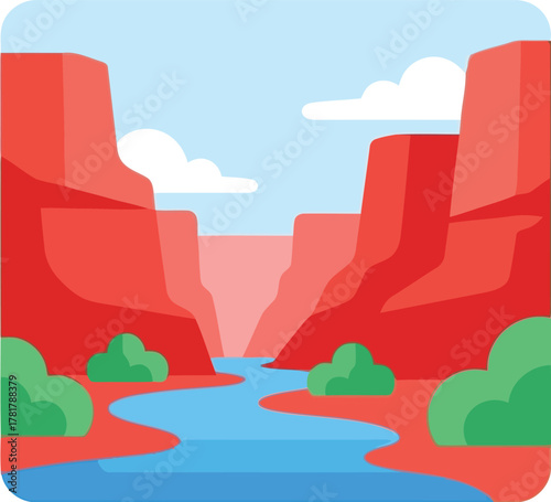 Vibrant canyon river landscape scenic nature illustration flat design vector