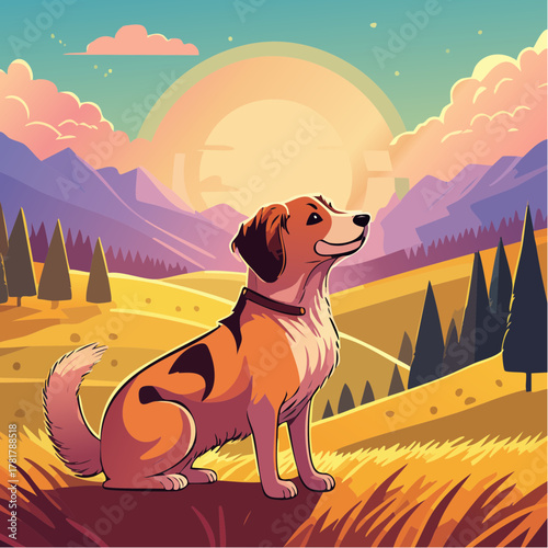 idyllische Landschaft mit einem Hund , er sitzt auf einem Feld, im Hintergrund sind berge und Bäume und die Sonne steht am Himmel