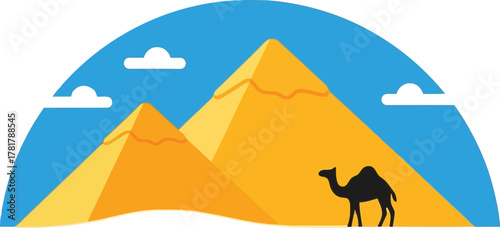 Desert caravan camel pyramids travel landmark vector