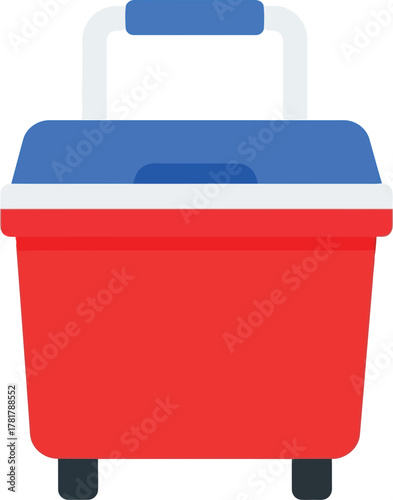 Bright red rolling cooler with blue lid and handle ideal for summer vector