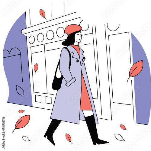 Stylish young woman walking through a parisian street scene