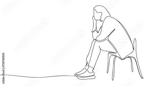 Continuous Line Drawing of a Pensive Person Sitting