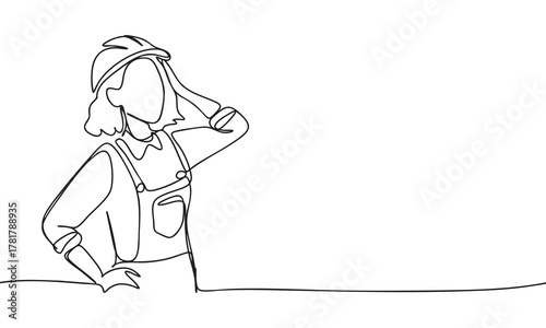Continuous Line Drawing of a Pensive Female Engineer in Hard Hat