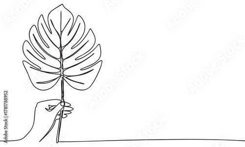 One line continuous Hand Holding Monstera Leaf