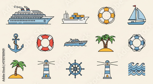 Illustration showcasing various nautical elements including ships, islands, and safety equipment designs