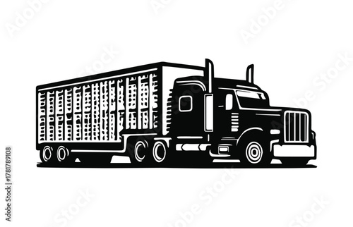 Livestock Semi Truck Vector Illustration, Cattle Transport Trailer Silhouette, Farm Ranch Truck Graphic