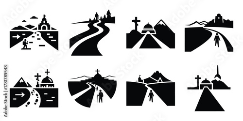Schilderij op canvas pilgrimage route silhouette vector icon set