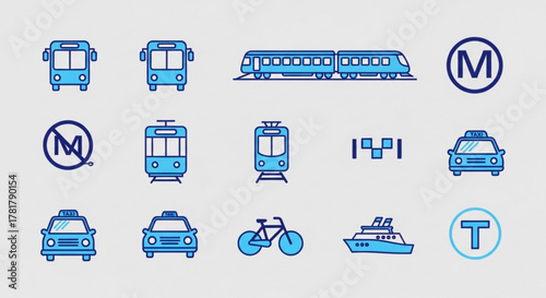 Illustration displaying various modes of transportation including bus train taxi bicycle and boat icons in blue