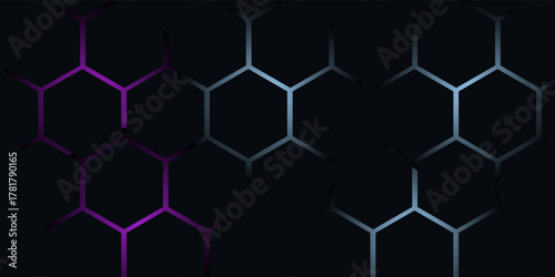 Dark hexagon abstract technology background with blue and pink colored bright flashes under hexagon. Hexagonal gaming vector abstract tech background.