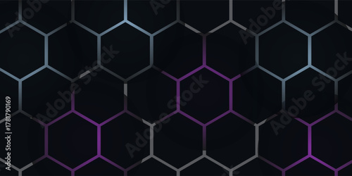 Dark hexagon abstract technology background with blue and pink colored bright flashes under hexagon. Hexagonal gaming vector abstract tech background.