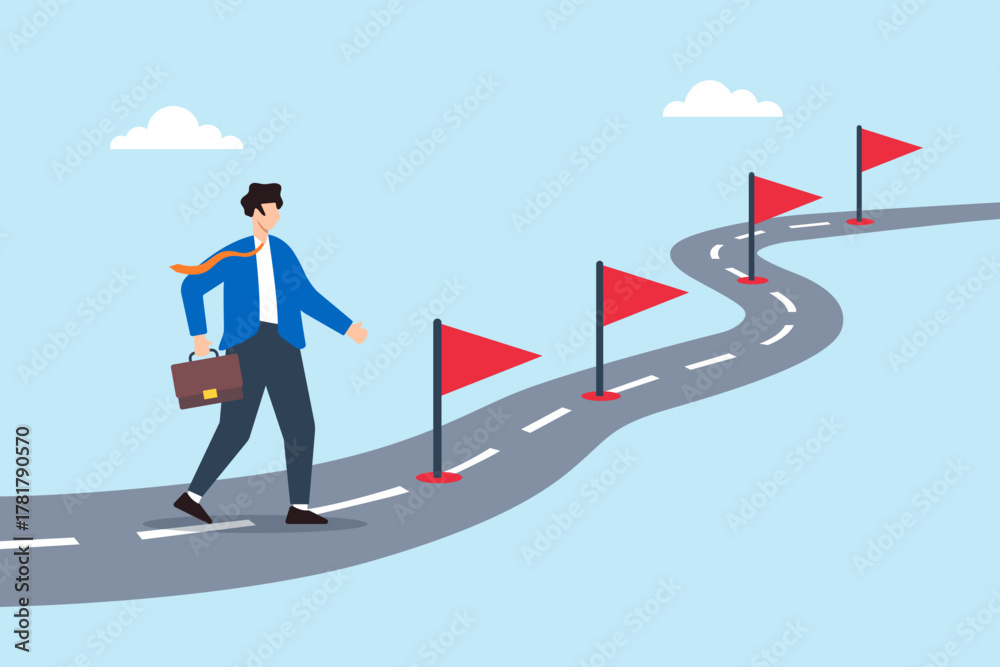 Obraz premium Flat illustration of businessman walking on winding roadmap with milestone flags representing career journey success path goal achievement and personal growth