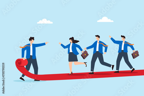 Flat illustration of businessman leading team on red carpet symbolizing career growth and success path with motivation ambition and leadership guidance