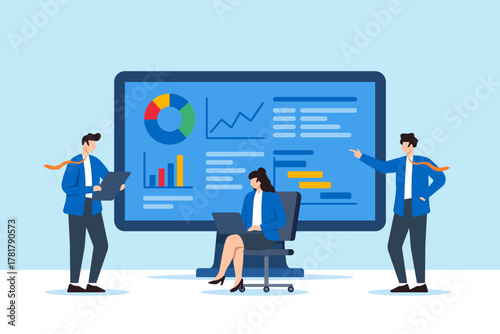 Flat illustration of business team analyzing charts and graphs on computer monitor with dashboard interface showing project planning financial review and data research statistics