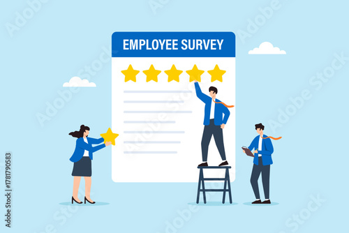 Flat illustration of business team collecting employee survey and customer feedback with five star rating representing performance review engagement and best service experience