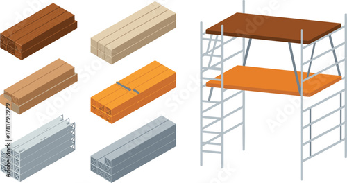 isometric 3d illustration of construction materials and scaffolding with wooden planks and metal beams for building industry concept