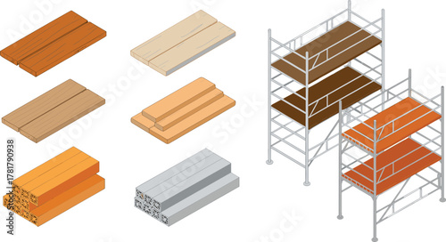 isometric 3d illustration of construction materials and scaffolding with wooden planks and metal beams for building industry concept