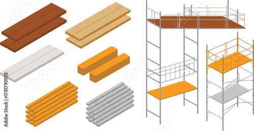 isometric 3d illustration of construction materials and scaffolding with wooden planks and metal beams for building industry concept