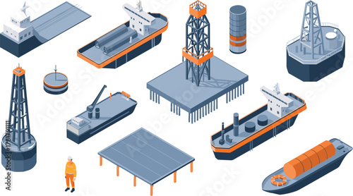 Isometric offshore oil and gas industry equipment set with drilling platform, cargo ship, oil rig, engineer worker, and industrial vessels illustration