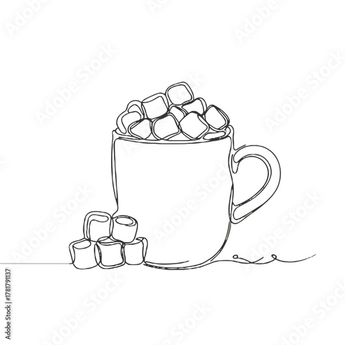 A mug of cocoa with marshmallows New Year's drinks and desserts  Christmas outline / minimal vector