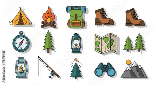 Illustration of camping and hiking gear including a tent, compass, and hiking boots icon set