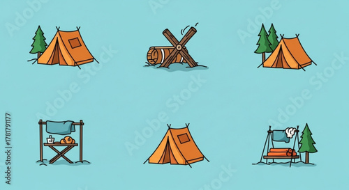 Illustration showing camping scenes with tents, campfire, food preparation, and sleeping arrangement outdoors