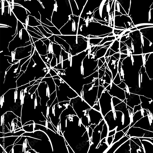 White branches isolated on a black background. Seamless pattern. Alder tree. 