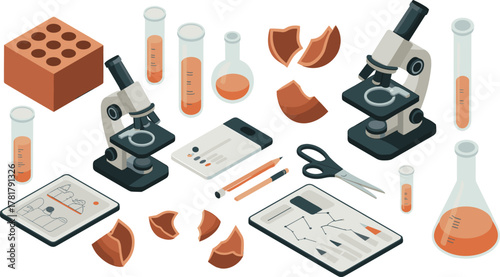 isometric scientific laboratory illustration with microscopes glass flasks test tubes and research tools for medical science experiment concept