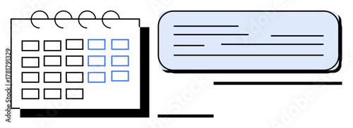 Calendar grid with highlighted dates and a speech bubble text interface suggest task planning and communication. Ideal for time management, productivity, organization, collaboration, scheduling