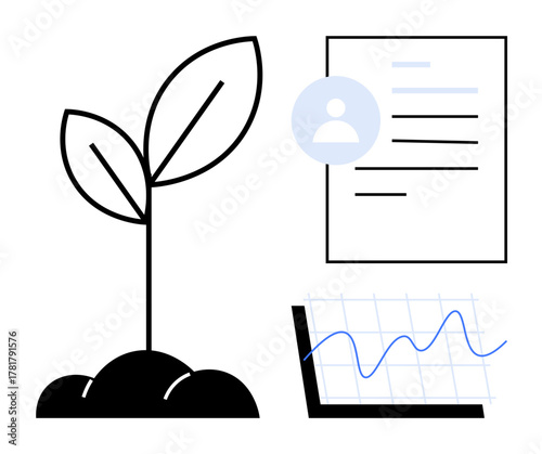 Young plant growing in soil, personal profile document, and analytics graph. Ideal for growth, development, sustainability, education, performance tracking planning career. Simple flat metaphor