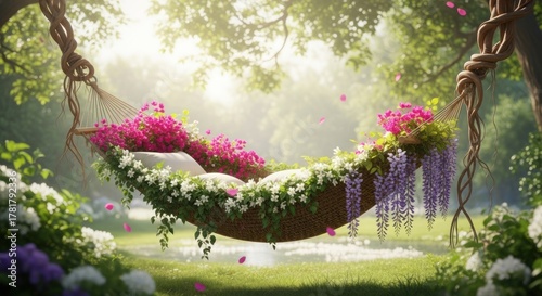 Fototapeta Naklejka Na Ścianę i Meble -  A hammock with flowers and a bird in a serene garden setting.