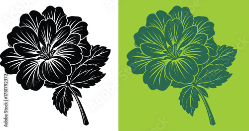 Elegant hibiscus flower illustration in black and green for modern invites or botanical designs, adding a touch of nature to your creative projects
