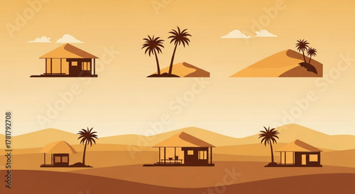Illustration of desert landscape with huts, palm trees and sand dunes in a warm brown color scheme