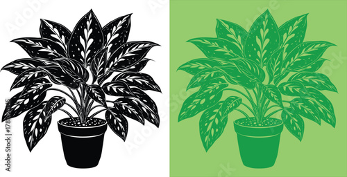 Elegant potted plant illustration with vibrant green and black color schemes for modern home decor and botanical projects, bringing nature indoors