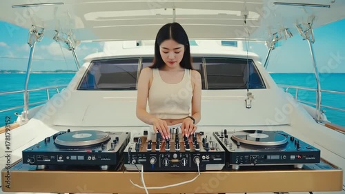 Frontal shot of a stylish woman DJ playing music on a console on the deck of a luxury yacht with the blue ocean background