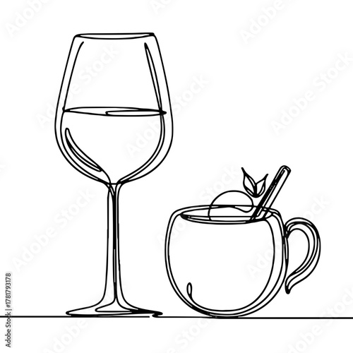 Wine and mulled wine in outline  New Year's drinks and desserts Christmas outline / minimal vector