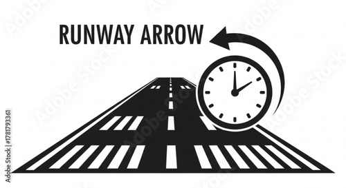 Runway with arrow circling a clock indicating time constraints or deadlines in aviation planning and scheduling