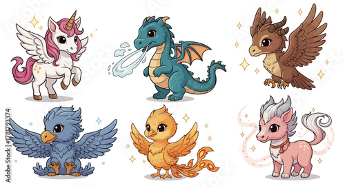 Adorable cartoon mythical creatures set