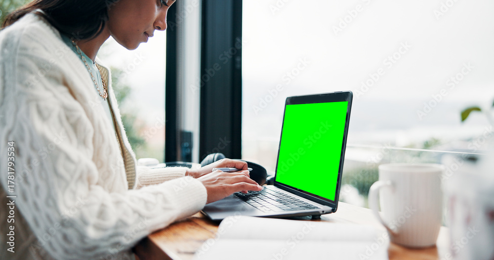 Obraz premium Research, green screen and student in cafe with laptop, mock up and online assignment in ux design. Display, tech or girl in cafeteria with notebook, chromakey or digital report in e learning.