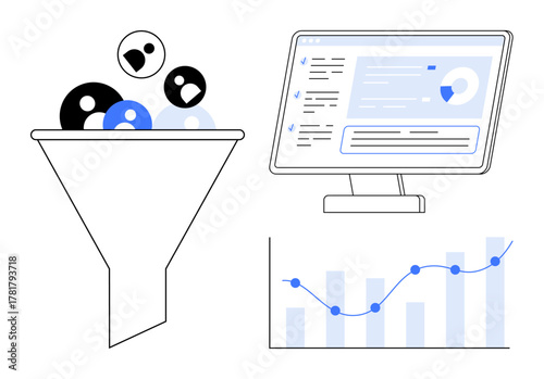 Funnel receiving user icons, analytics dashboard on monitor, bar graph with line trend. Ideal for marketing, data analysis, user tracking, sales optimization, lead generation, performance