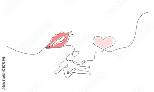 Minimalist continuous one line art of a person reaching for love, connected by a flowing line from lips to heart, symbolizing emotional connection and romantic affection. Vector Editable stroke
