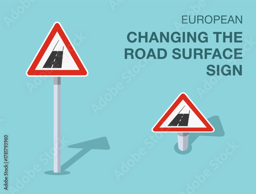 Traffic regulation rules. Isolated european "changing the road surface" road sign. Front and top view. Flat vector illustration template.